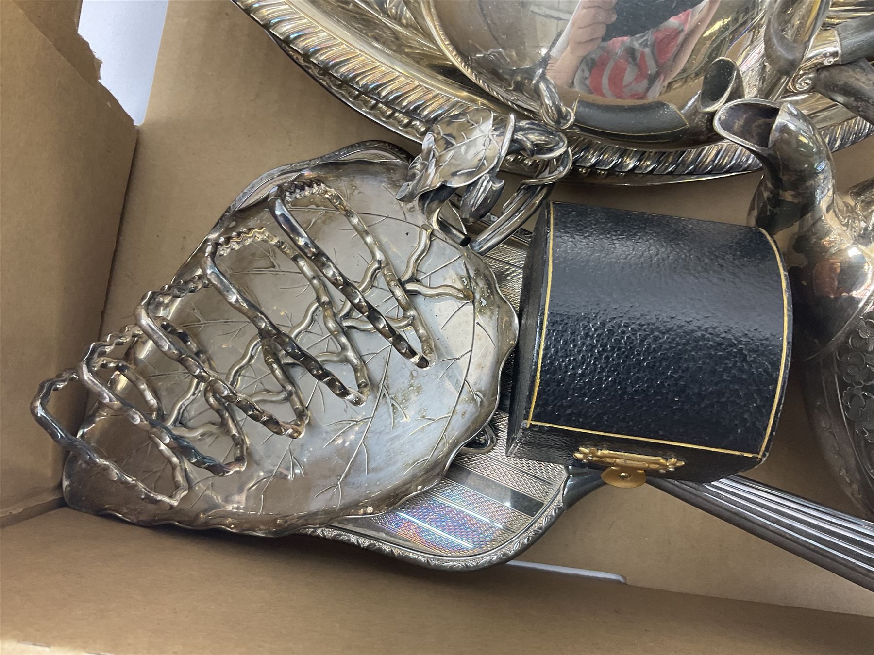 Quantity of silver plate to include cased silver plated fish knife and fork with hallmarked silver ferrules, teapots, etc