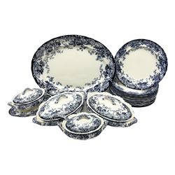 Late Victorian blue and white Chatsworth K Mayers & Co dinner wares, to include four lidded tureens, ladle, nine dinner plates, meat plate etc