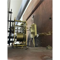 John Stonehouse of Leeds - mahogany 8-day longcase clock with a painted oval dial c1830, hood with a swans necked pediment and profuse contrasting inlay to both the hood and case, oval hood door with flanking pilasters and Corinthian capitals, conforming case with canted corners and short triple spire door, broad plinth with matching inlay and canted corners on shallow base, dial depicting masonic regalia, symbols, and pictorial depictions of the humanities, faith, hope, charity and righteousness, black chapter with white roman Arabic’s, date recorder and matching “crown” hands, dial pinned to a rack striking movement with a recoil anchor escapement, striking the hours on a coiled underslung gong. With weights and gridiron pendulum. 
This clock case is of large, impressive dimensions and was almost certainly commissioned for a large masonic lodge in Leeds, a rare and unique example.