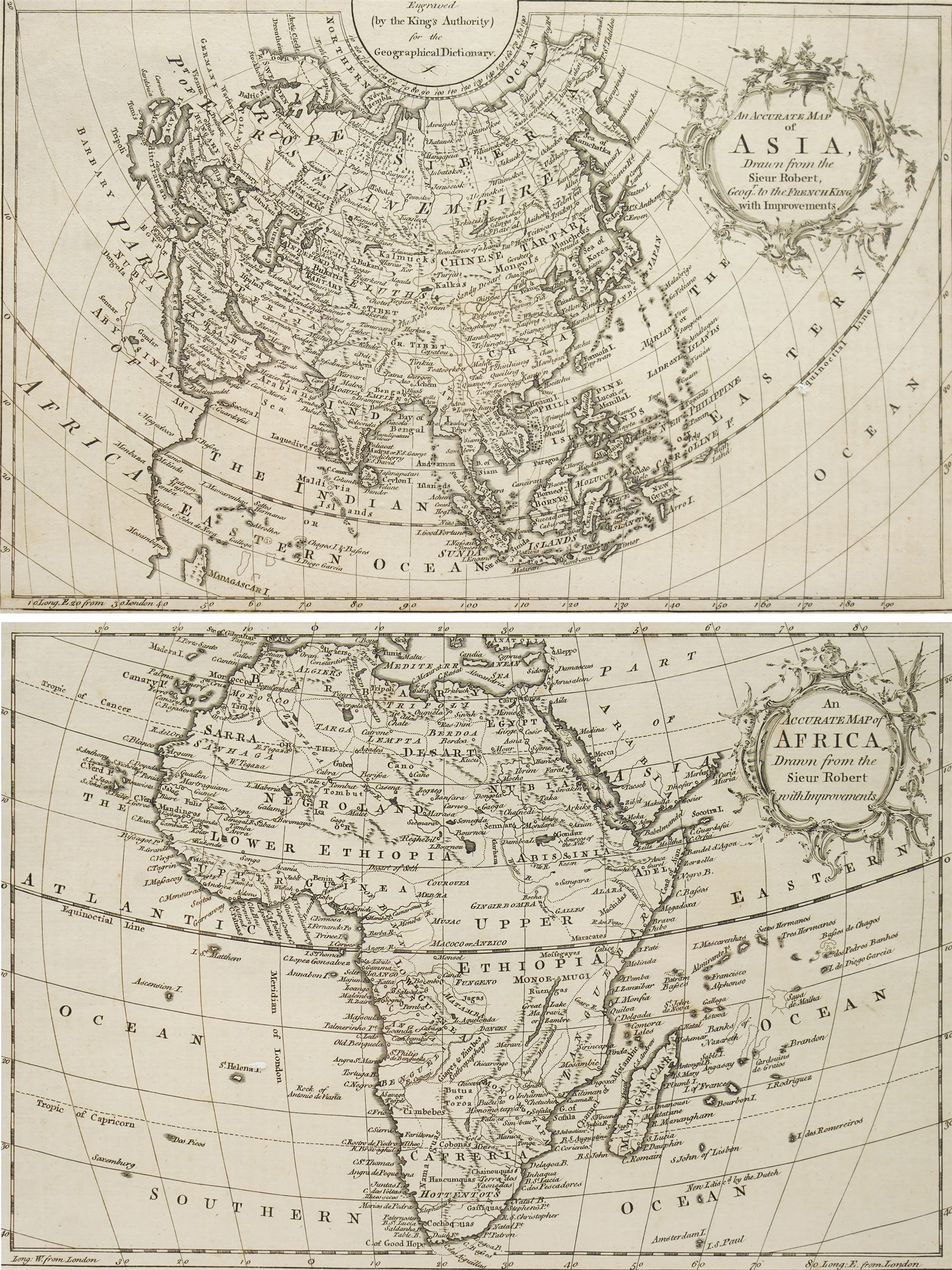 Robert 'Le Sieur' de Vaugondy (French 1723-1786): 'An Accurate Map of Asia', and 'An Accurate Map of Africa', pair mid-18th century engraved maps after the 'Atlas Universel' (1757), engraved by George Rollos, pub. John Barrow 'A New Geographical Dictionary', London c.1762, 21cm x 35cm (2)