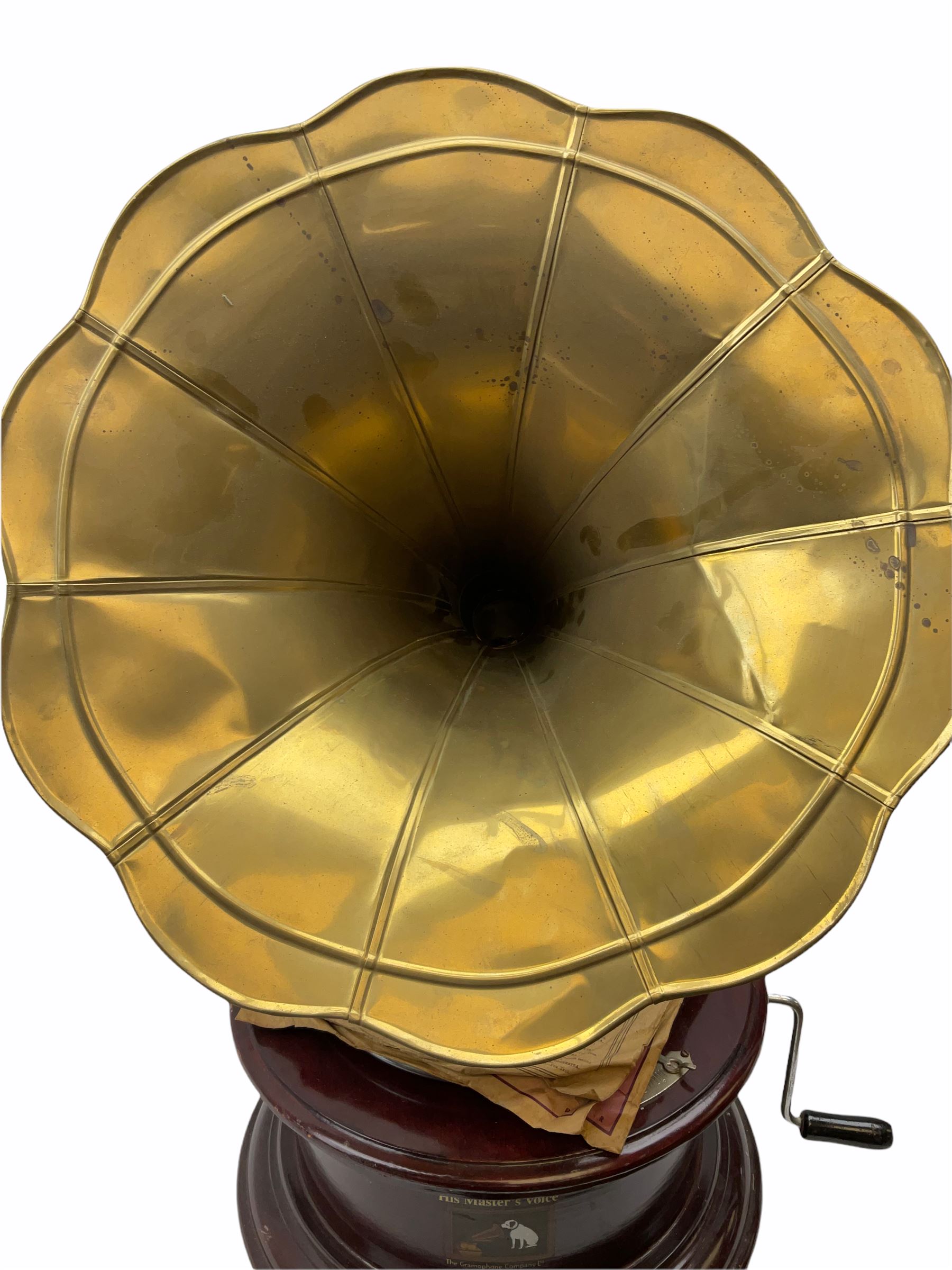 His Master's Voice table top wind up gramophone on a circular wooden base, with brass horn, H72cm, Horn D43cm. 