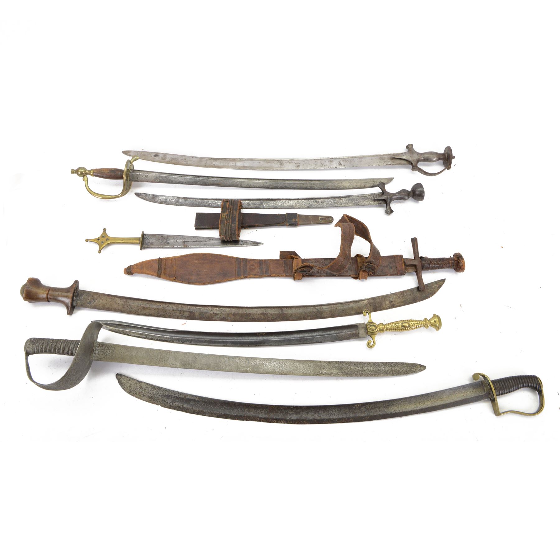African Sudanese side-arm dagger with brass handle with cross detail, in leather scabbard, together with a collection of swords 