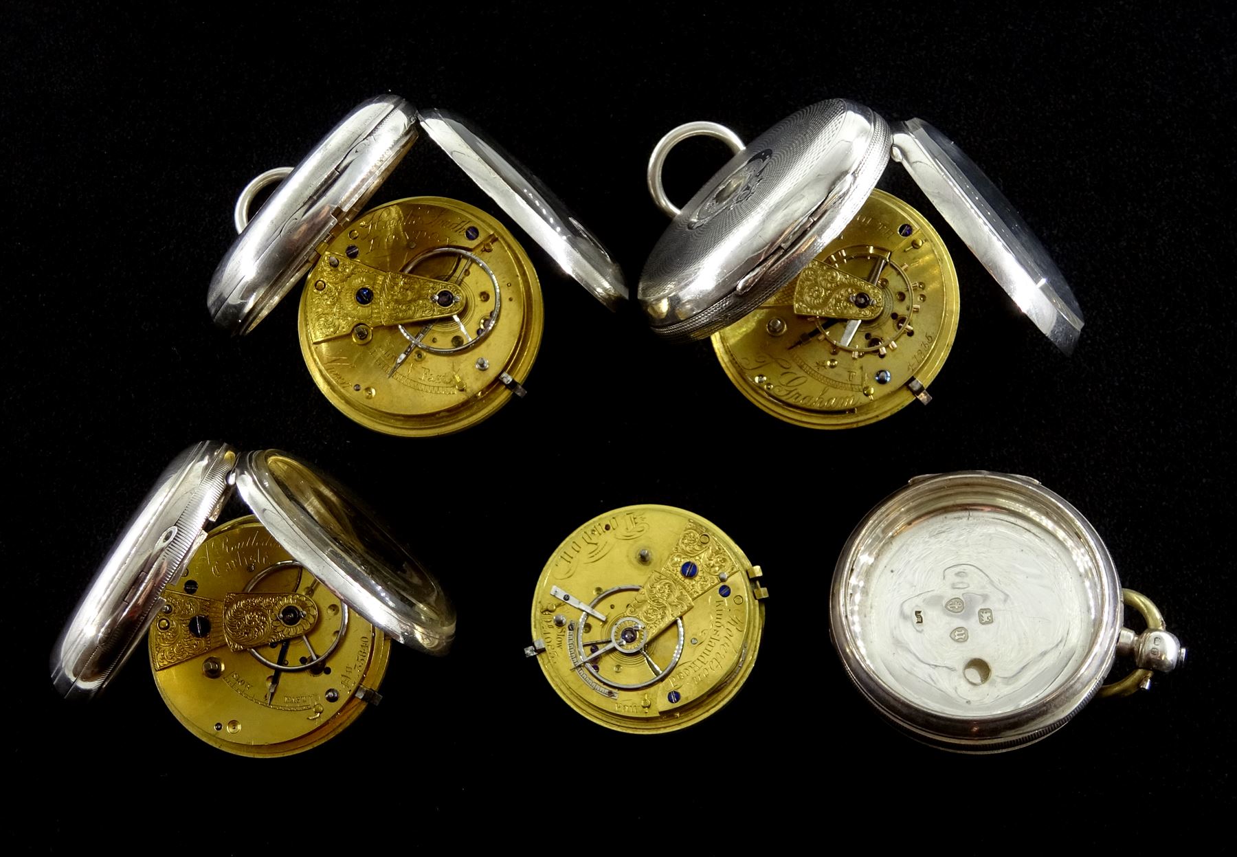 Four Victorian silver open face English lever fusee pocket watches by Horatio Smith and Robertson both London, T Graham, Cockermouth and A Routledge, Carlisle, all with engraved balance cocks and diamond endstones, white enamel dials with Roman numerals and subsidiary seconds dials, hallmarked (4)