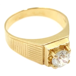  18ct gold (tested) single stone old cut diamond ring, stepped setting with engine turned shoulders, diamond approx  0.7 carat  