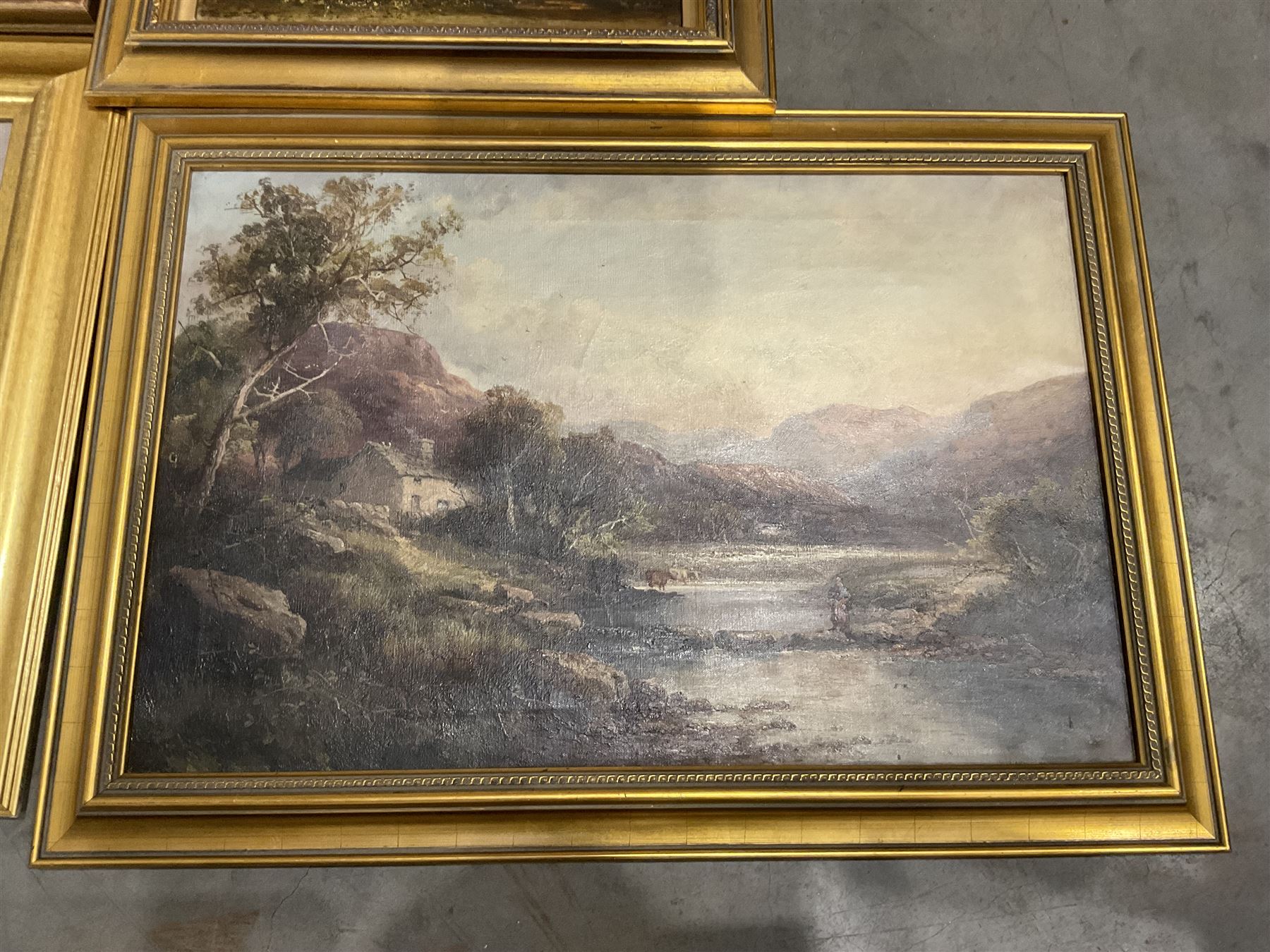 Tom Seymour (British 1840-1904): Riverside Cottage, oil on canvas signed, together with eight further landscape oils by other hands (9)