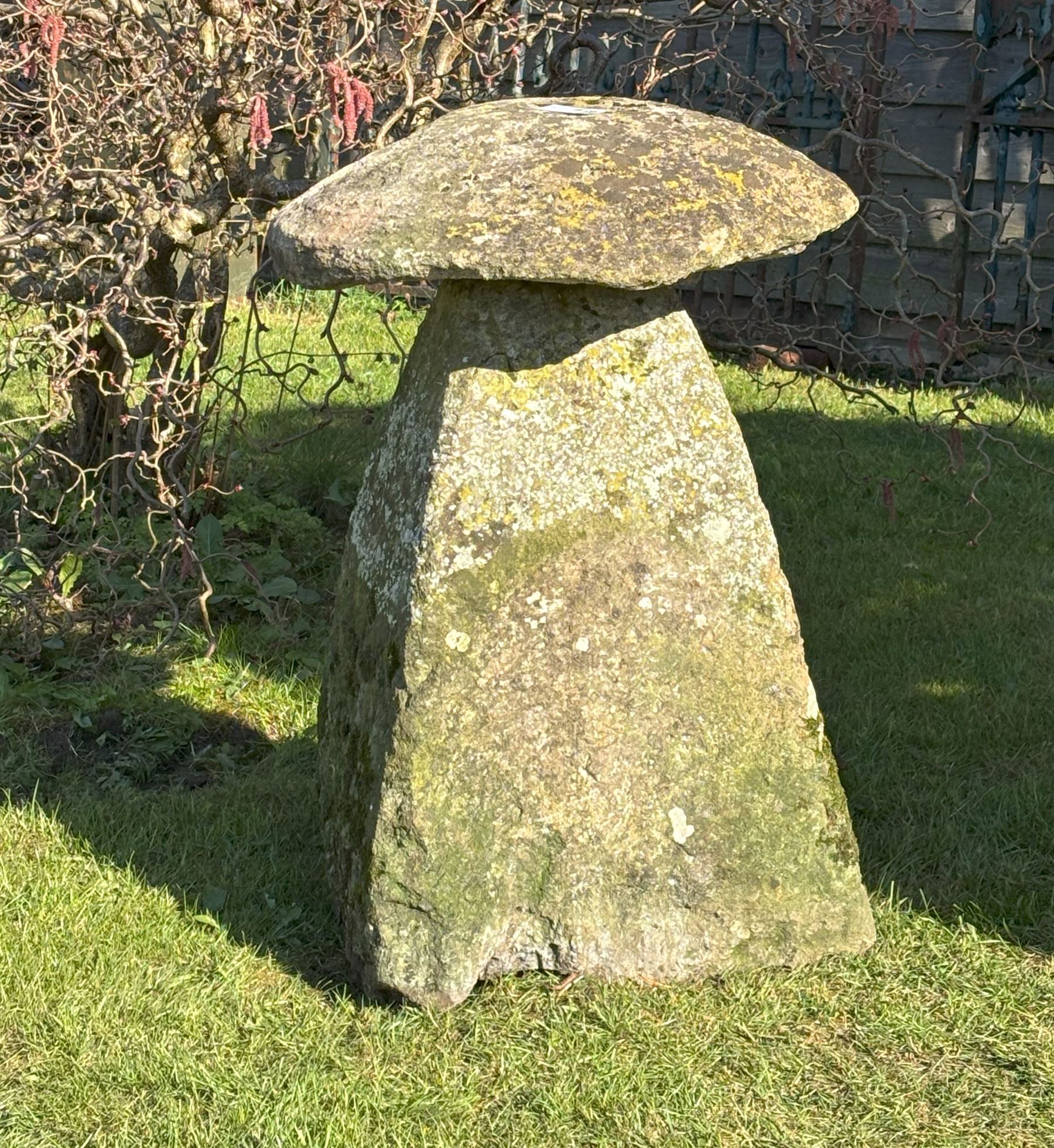 18th century hand carved Cotswold stone garden mushroom, the circular top on a shaped and tapered pedestal. H80cm.  - COLLECTION BY APPOINTMENT FROM: The White House, Thirsk Road, Easingwold, York, YO61 3NF - CALL 01723 507111 TO ARRANGE