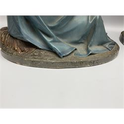 Two religious painted plaster figures of Mary and Joseph kneeling on oval plinths, with impressed mark 'Raffl et Cie Paris', H60cm 