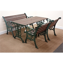  Cast iron and wood slatted rectangular garden table (W141cm, H66cm, D68cm) a matching two seat bench (W130cm) and pair armchairs (W63cm)  