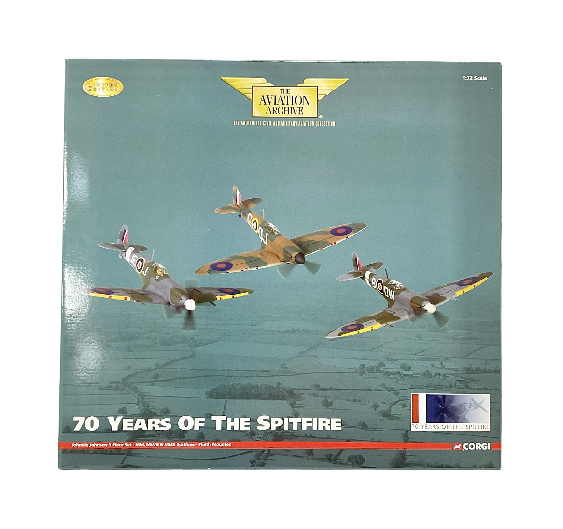 Corgi - Limited Edition Aviation Archive AA99189 70 Years of the Spitfire Johnnie Johnson 3 Piece Set - Mk1, MkVB & Mk1X - Plinth Mounted; in original box 