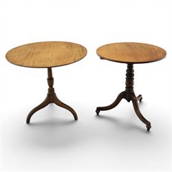 Two 19th century mahogany tripod tables, faded circular tilt-top, turned column  