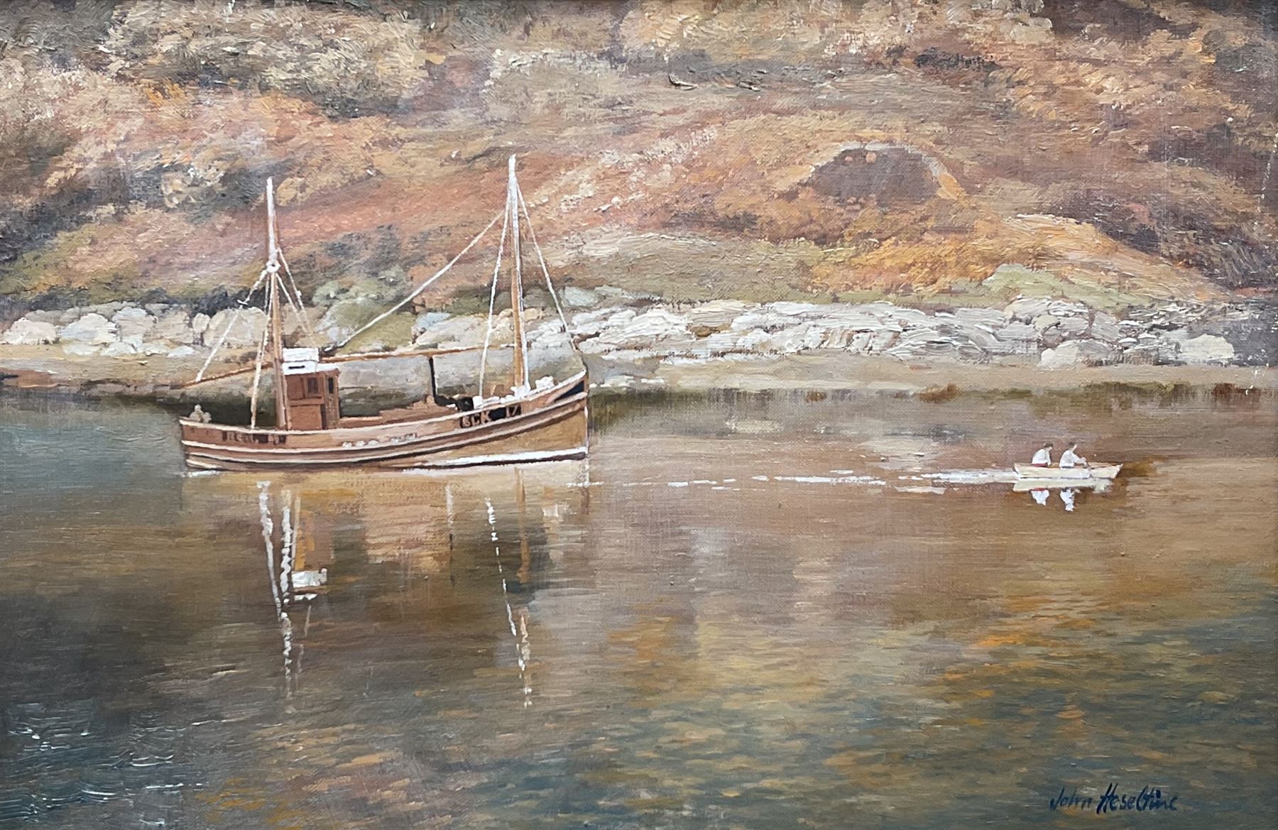 John Heseltine (British 1923-2016): Boat at Anchor in Sunny Bay, oil on canvas signed 29cm x 44cm