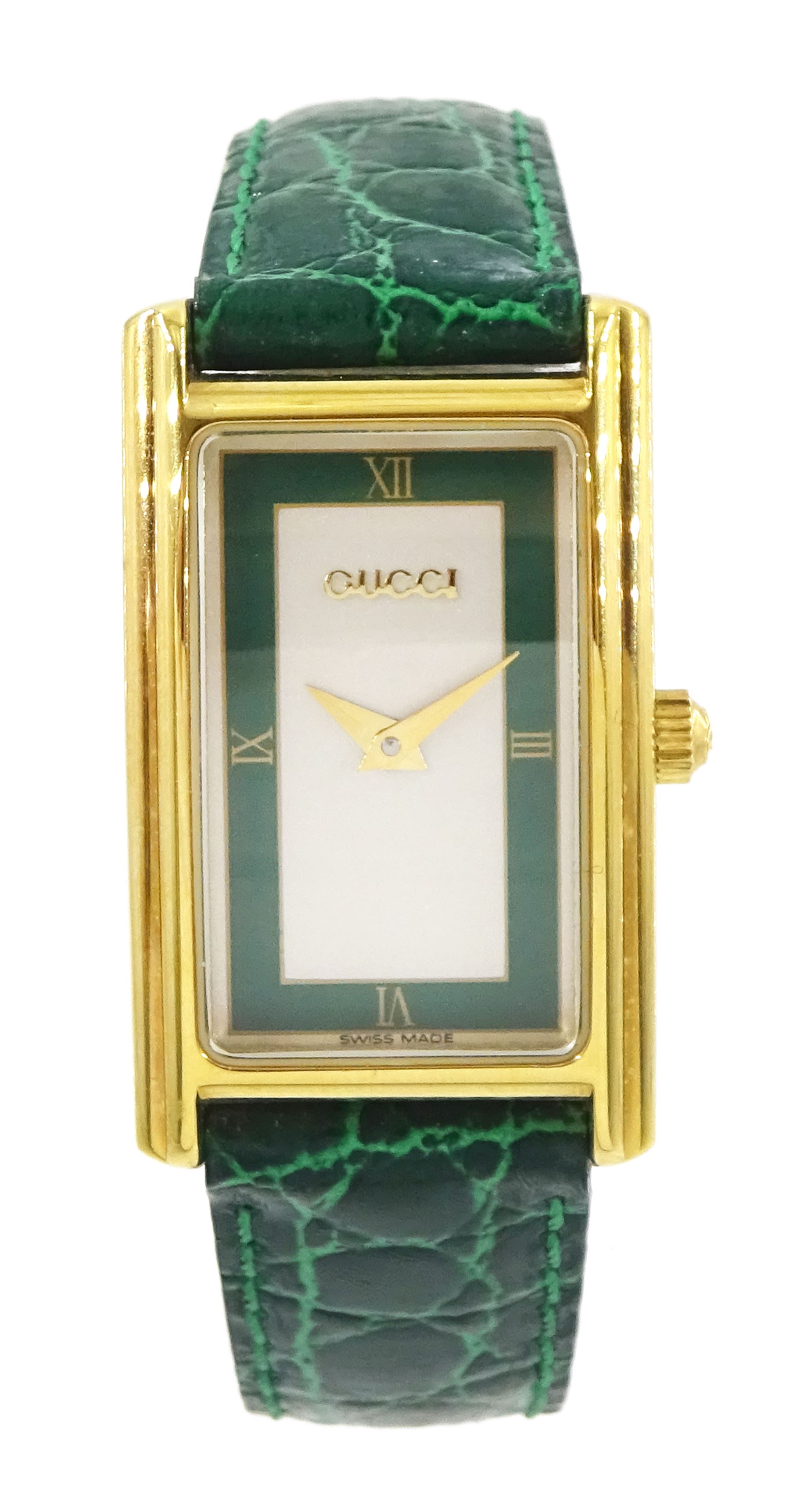 Gucci ladies gold-plated quartz wristwatch, Ref. 2600 L, silvered and green dial, on original green leather strap with gilt buckle, boxed