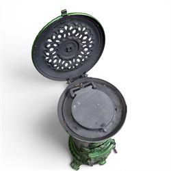French Godin cast iron enamel stove, circular form, finished in green and black paint