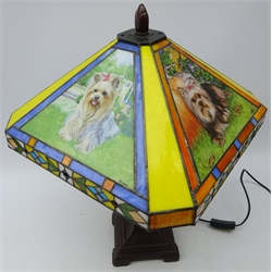  Tiffany style table lamp with four Yorkshire Terrier leaded glass panels, H54cm   