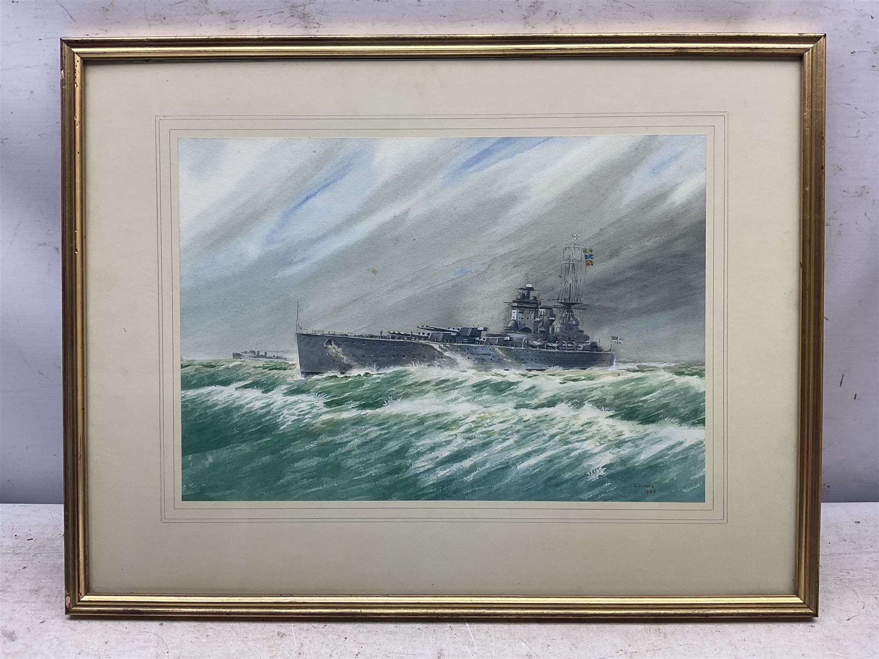 G James (British 20th Century): Warship at Sea, watercolour signed and dated 1937, 26cm x 38cm 