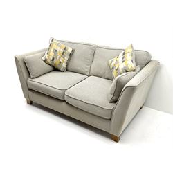 Two seater settee, upholstered in grey fabric, shaped oak supports