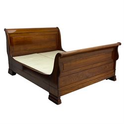 Simon Horn - 'Chatsworth' hardwood 5' 3'' Queen-size sleigh bed or lit bateau, panelled head and footboard with scrolled frames, on moulded block feet, with upholstered base