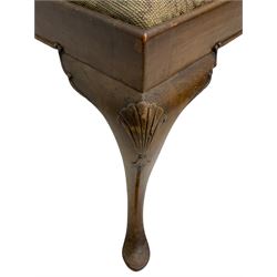 George II style mahogany stool, Cabriole leg with shell motif, needlework seat