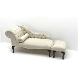Small chaise longue, serpentine back, scrolling arm, upholstered deep buttoned cream damask fabric (W57cm, H77cm, L143cm) with stool upholstered in matching fabric (2)