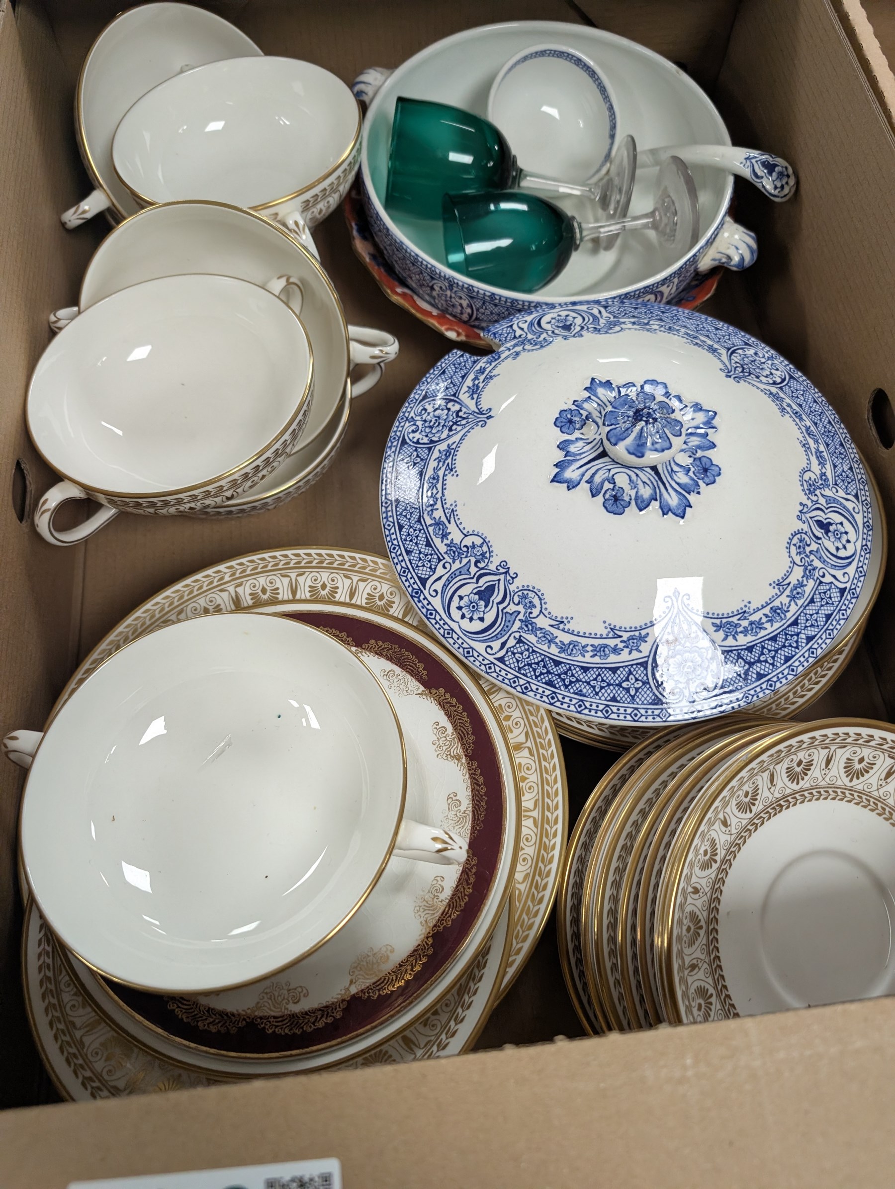 Royal Doulton Carlyle dinner wares, heavy glass candlesticks, punch bowl and lidded jars and other ceramics and glassware, in five boxes