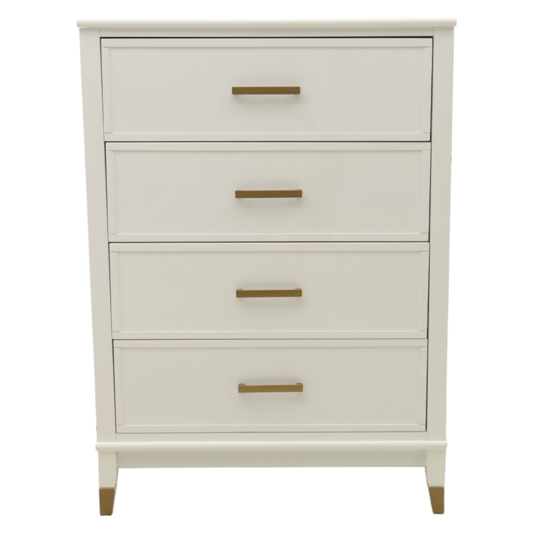 Dorel Home - Modern chest of drawer, white painted rectangular top above, four drawers with bronze metal handles, on tapered supports 