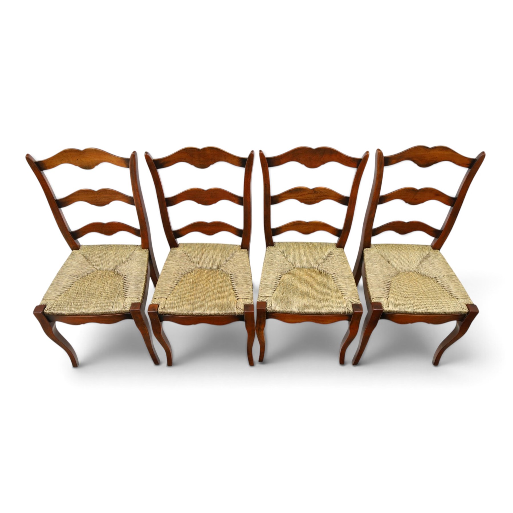 French cherry wood extending dining table, rectangular top on square chamfered supports with two additional leaves; with Batheaston - set of eight cherry wood waived ladder back dining chairs with rush seats (W46cm H98cm)