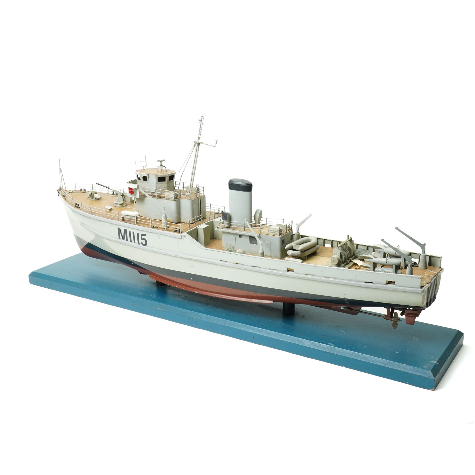 Scale built wooden model of the minesweeper HMS Bronington M1115 on wooden base, under the command of HRH Prince Charles in 1976 L104cm with booklet and drawings