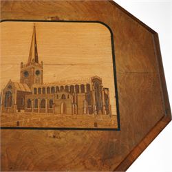 Victorian inlaid walnut occasional table, the octagonal top inlaid with a marquetry scene of Shakespeare's Church - The Holy Trinity at Stratford-Upon-Avon, over an ecclesiastical design frieze with turned finials and castellated form, raised on a spiral turned pedestal terminating to an acanthus carved tripod base with scroll feet, circa 1860
