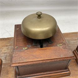 Railway signal boxes, mounted on plinth, with railway block indicators for Up Line and Down Line, having an electromagnetic indicator showing 'Train on Line' 'Line Clear' and 'Line Blocked', and brass signal bell to the centre, L100cm
