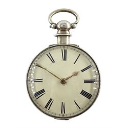 Victorian silver pair cased pocket watch by William Smith, Huddersfield, No. 533, round pillars, pierced and engraved balance cock decorated with a mask, cream enamel dial with Roman numerals, case by Vale & Rotherham, Birmingham 1835