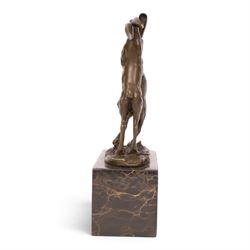 After Mario Nick - two hares boxing, bronze figure group, signed Nick and bearing foundry mark, upon rectangular plinth, H24cm