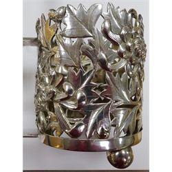  Early 20th century Chinese export silver pickle stand, embossed and pierced foliate design, bamboo design stem and handle by Hung Chong, engraved date on handle 1-2-1920, 26.5cm 10.5oz  
