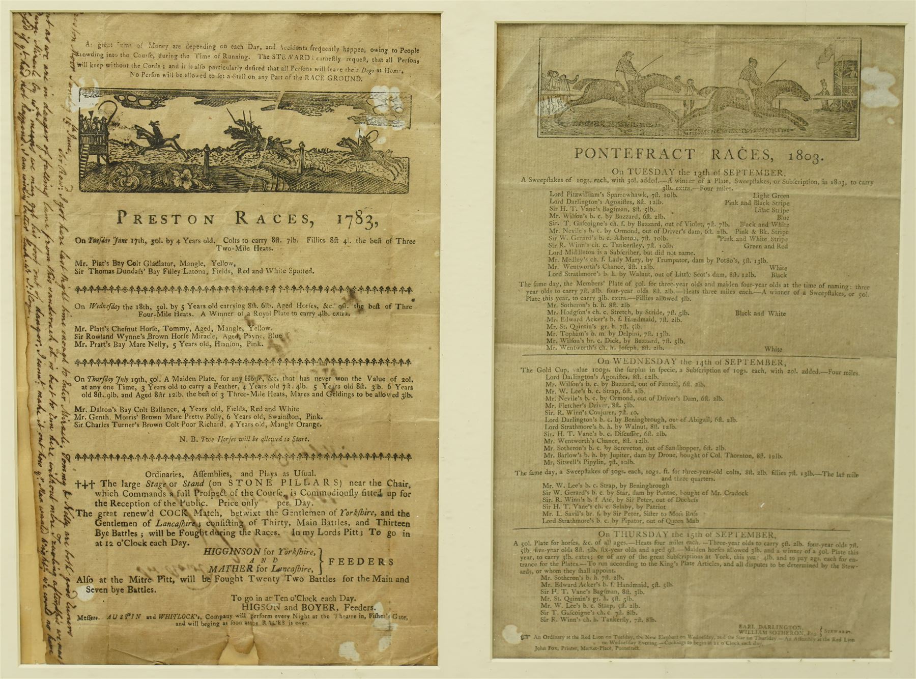 18th century  handbill for 'Leedes Races June 1760' with list of the runners, owners etc 29cm x 17cm, another for 'Wakefield Races September 1773', another 'Preston Races June 1783' with hand written notes down one side, another 'Pontefract September 1803' and another 'Doncaster Races September 1805' in one frame 48cm x 114cm
Notes: The Leedes bill advertises Ordinairies and Cockings.  Ordinairies were fixed price meals offered by various taverns and Cockings were cock fights arranged for entertainment between races 
Provenance: property of a Nobleman