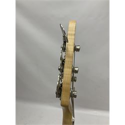 Ernie Ball Music Man Sting Ray 4 string bass guitar, in natural finish with roasted maple neck and tortoiseshell effect scratch guard, serial no 87485, in black Music Man hard case, guitar L114cm