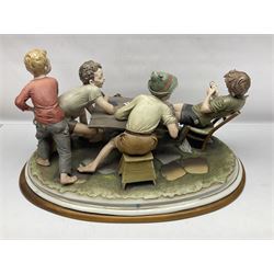 Capo Di Monte group The Cheats, modelled as boys playing cards, with certificate, H27cm 