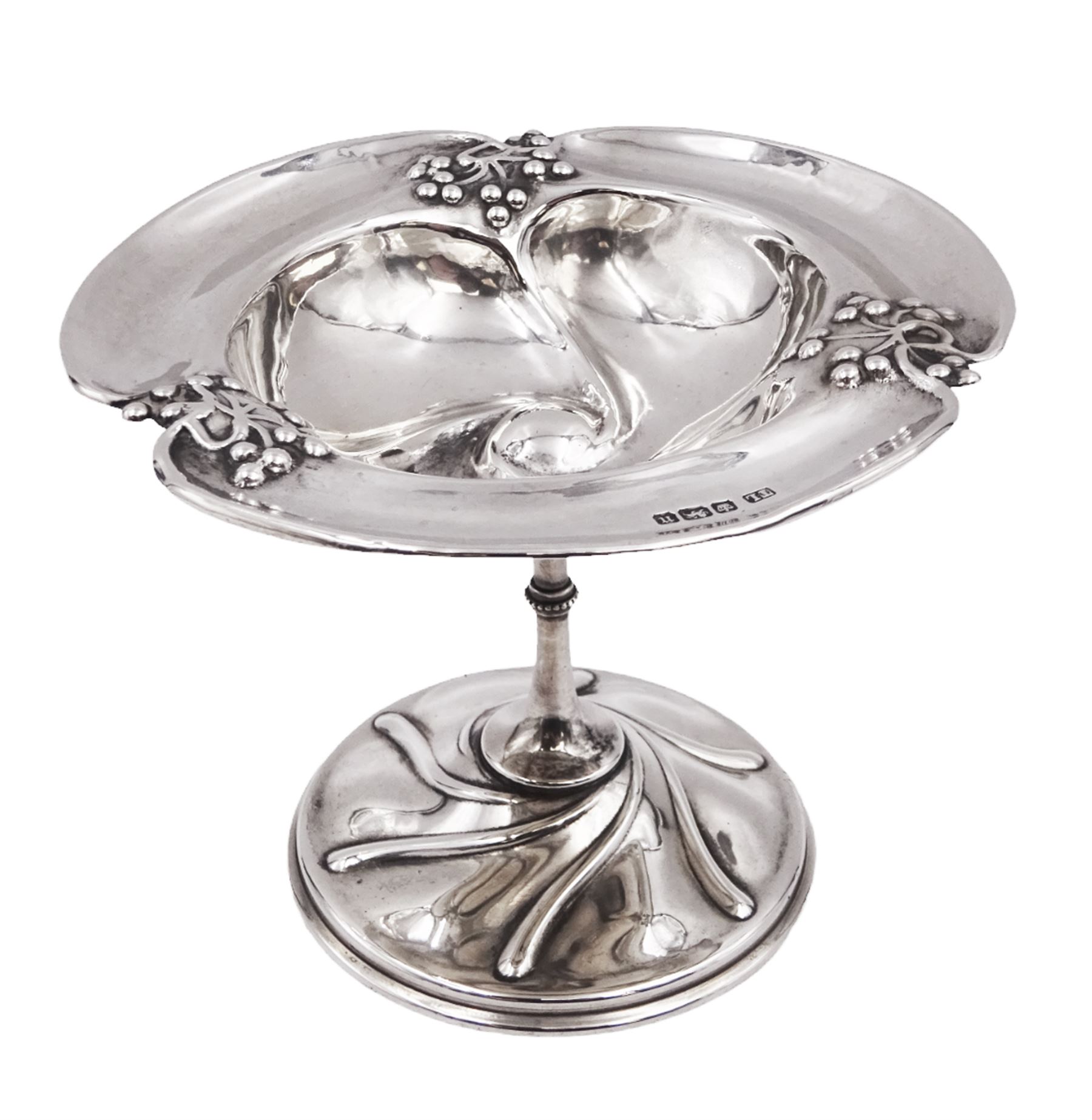 Art Nouveau silver bon bon dish, the bowl of trefoil form embossed with fruiting vines to the rim, upon a knopped pedestal and domed circular foot, hallmarked Levesley Brothers, Sheffield 1905, H8.8cm