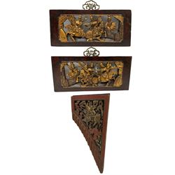 19th century triangular Chinese panel, pierced and carved depicting figure on zoomorphic animal surround by foliate (L37cm), and pair 19th century rectangular Chinese panels pierced and carved depicting horseback battle scenes (W36)