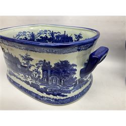 Victoria Ware blue and white footbaths, each with twin lug handles and transfer print decorated with city scape, H21cm