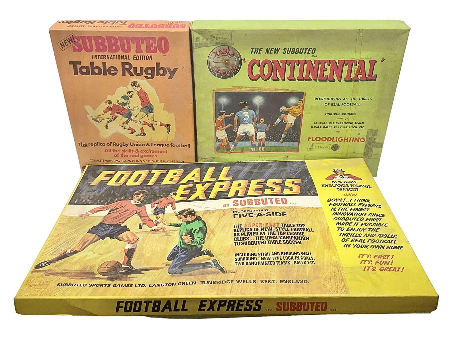 Subbuteo - three boxed sets comprising Football Express with two five-a-side teams and floodlighting; Continental with four teams and accessories; and International Edition Table Rugby with two teams; together with a Real Madrid 1974-75 League Champions pennant (4)
