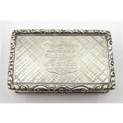 Victorian silver presentation snuff box, engraved floral border, engine turned decoration and central cartouche engraved 'Presented by the Officers of the Edinr Police to Mr Jas.. Bain as a Token of Respect Dec 1850', by Edward Smith, Birmingham 1846