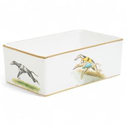 German 20th century Passau figure of a lady sculptor, and a Samson Hancock Derby porcelain tray, decorated with hand-painted greyhounds, figure H17cm, painted marks to bases (2)