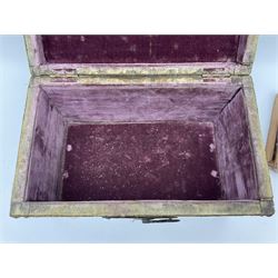 20th century box, decorated in faux leather with the royal coat of arms and GR 1719 to hinged cover, with fleur-de-lis, lion, crown and rose motifs throughout and studs to all edges, opening to reveal a purple velvet interior containing three removable wooden trays, H18.5cm