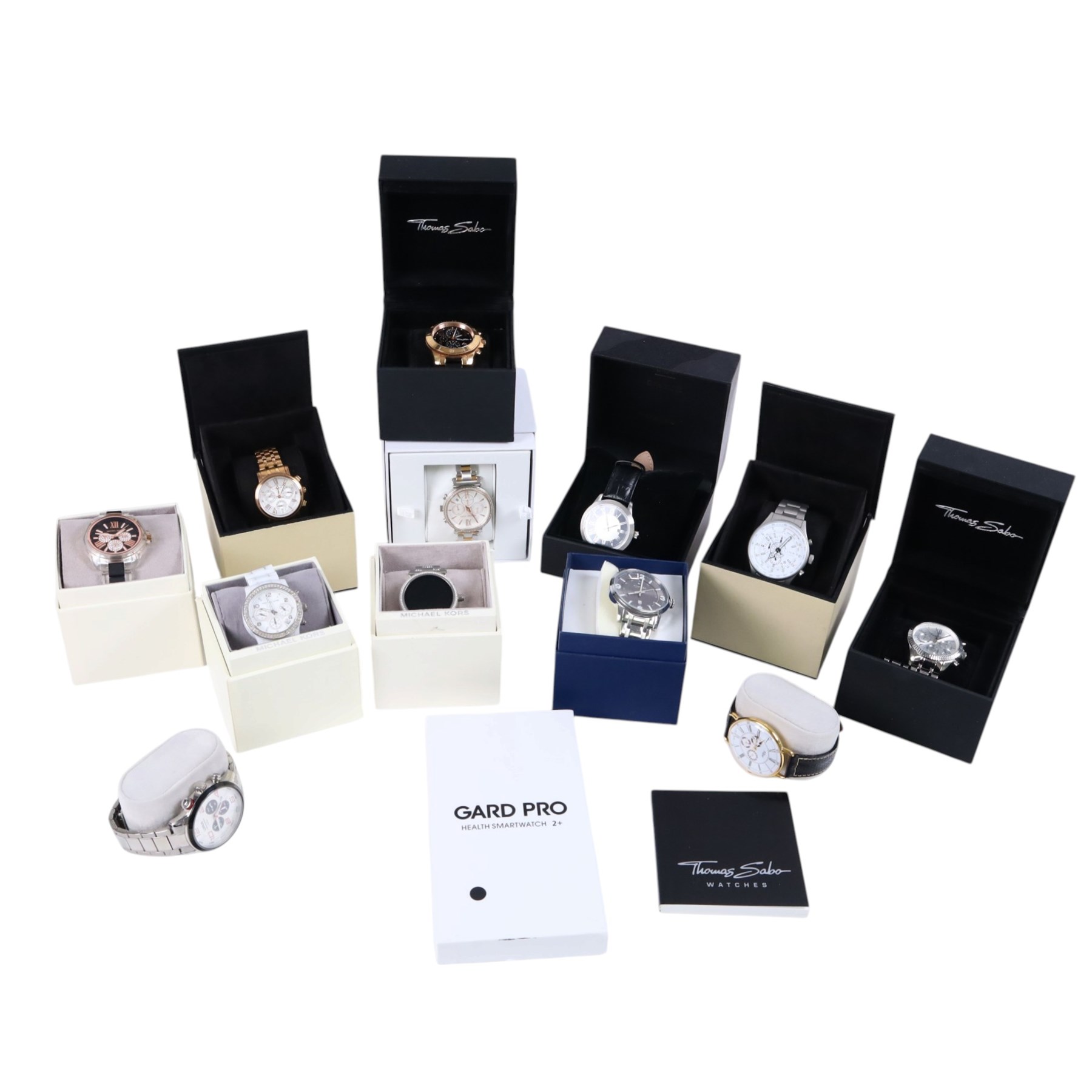 Collection of chronograph quartz wristwatches including three Michael Kors, two Links of London and two Thomas Sabo and Lorus, digital Michael Kors and Gard Pro Health Smartwatch 2 and four other quartz watches including Guinness, Links of London, Kamazzo Paris and a Hilfiger, mostly boxed