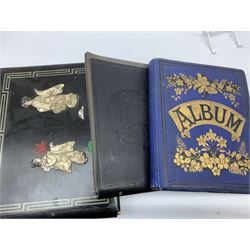 Early 20th century Japanese postcard album, the lacquered wooden covers with shibayama panel to the front, partially stocked with fifty Japanese postcards; Victorian album containing fifty-six laid-in photographs of British & Continental topographical scenes; mid-20th century album of Norwegian photographs; and quantity of Victorian cabinet photographs etc