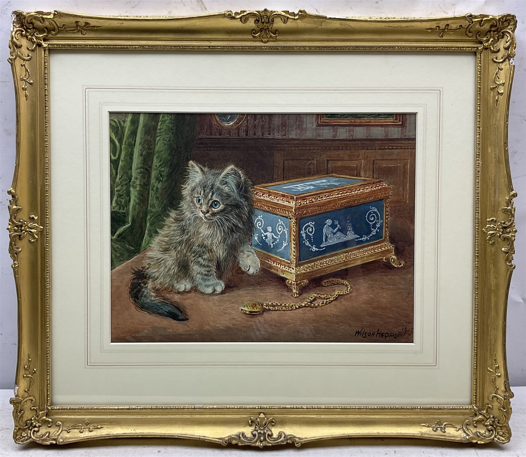 Wilson Hepple (British 1854-1937): Kitten with the Jewellery Box, watercolour signed and dated 1915, 27cm x 35cm