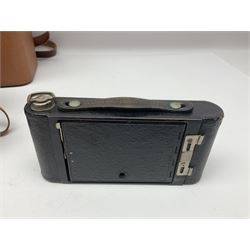 No2 folding autographic brownie, Exakta Varex IIb camera, brass three draw telescope, H.H. Son Ltd binoculars, Carl Zeiss Jena Jenoptem 7x50W binoculars etc