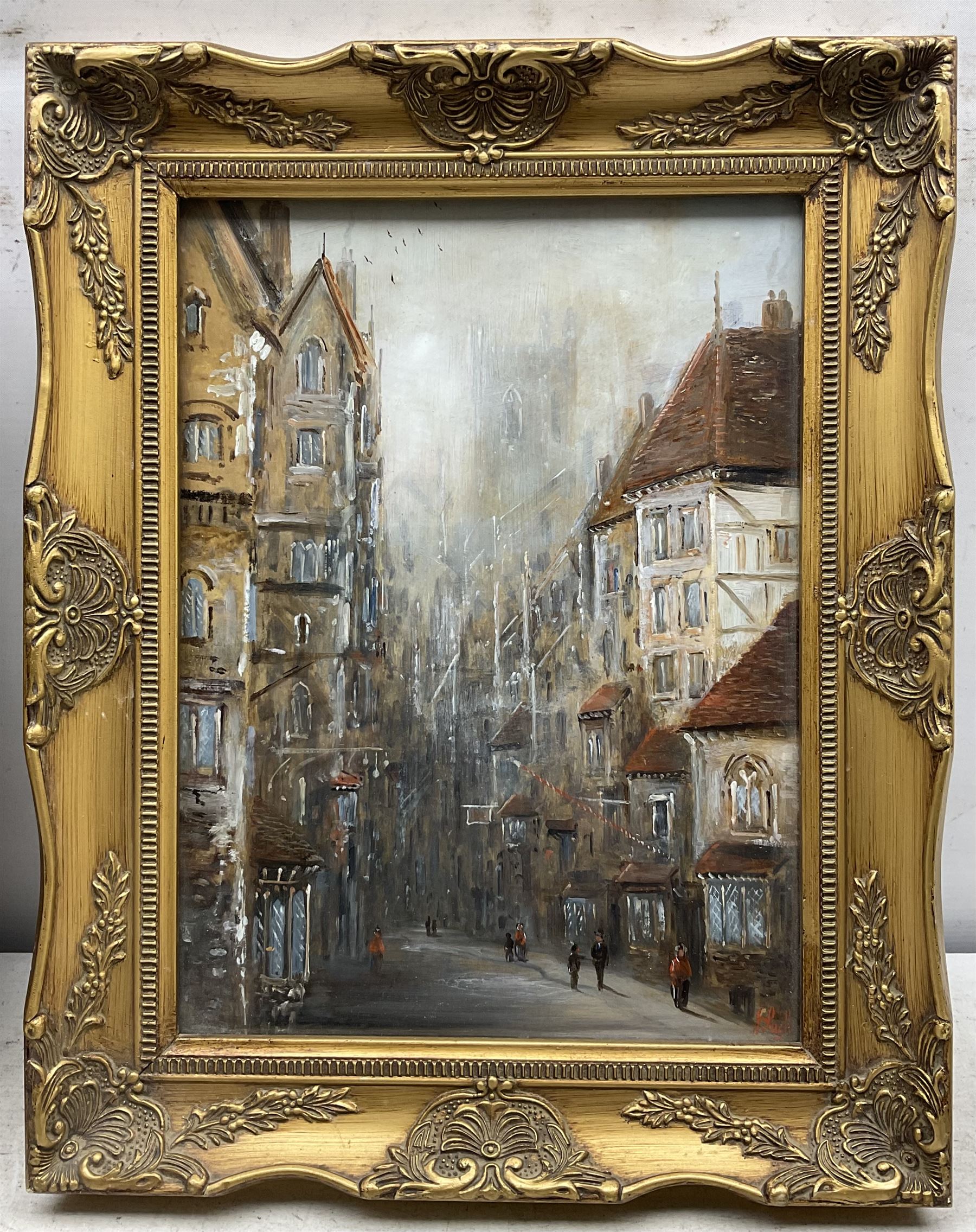H V G Wallis (British 20th Century): The Great Clock - Rouen, watercolour signed; Continental School (Early 20th Century): View of Street and Cathedral, oil on board indistinctly signed, both housed in swept gilt frames max 29cm x 22cm (2)