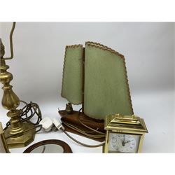 Brass table lamp, together with further lamp modelled as a sailing boat, three carriage clocks, etc., in one box