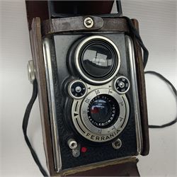Franke & Heidecke Rolleicord twin lens camera, serial number 012706 with Heidoscop-Anastigmat f=7.5cm' lens and a 'Carl Zeiss Jena Triotar 1:4.5 f=7.5cm' lens, serial no 1474898, together with three similar cameras, including SEM TLR, serial no 420218, Ising Pucky box and Ferrania Elioflex, three in leather carry cases