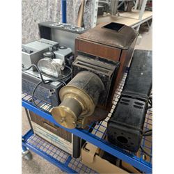Collection of projectors, epidiascopes, magic lantern and similar, including Bell & Howell 621 projector, mahogany and brass magic lantern, Helper 6S projector, Leitz epidiascope, Zeiss epidiascope, Johnson Optiscope, etc